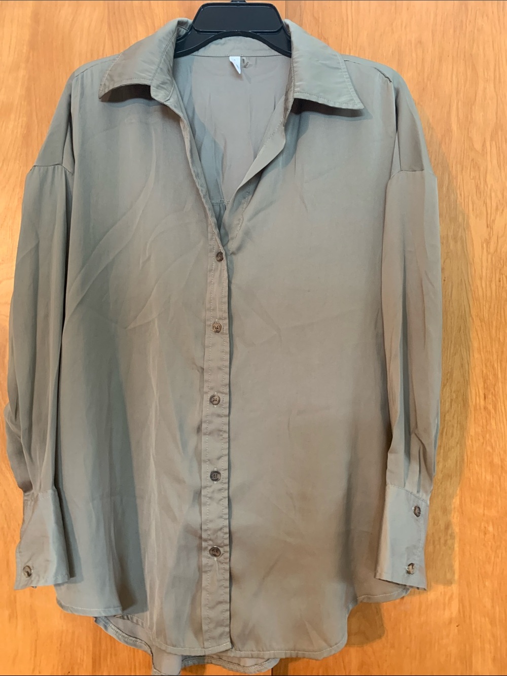 Glam oversized satin Button-Down Shirt in Light Olive sz S neutral minimalist